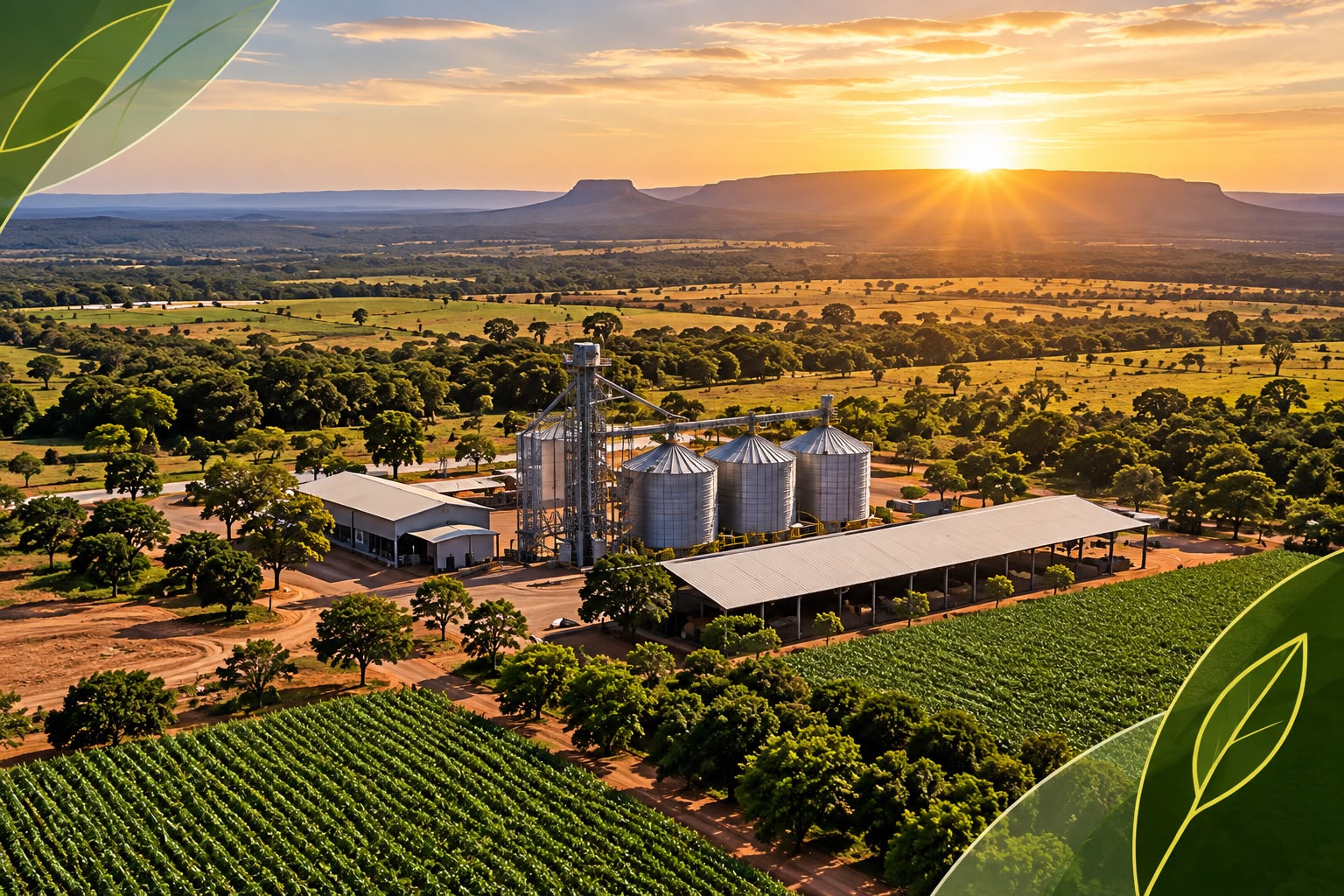 Empreendimento rural com silos em meio à paisagem produtiva